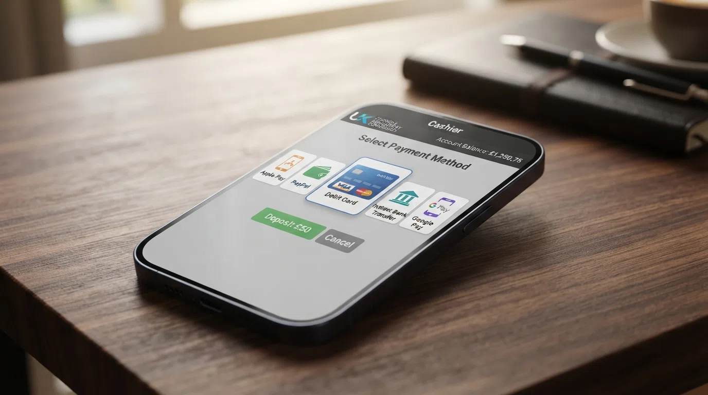 A spread of UK casino deposit method icons — debit card, PayPal, Trustly, Apple Pay and Google Pay — arranged on a smartphone screen showing a casino cashier page