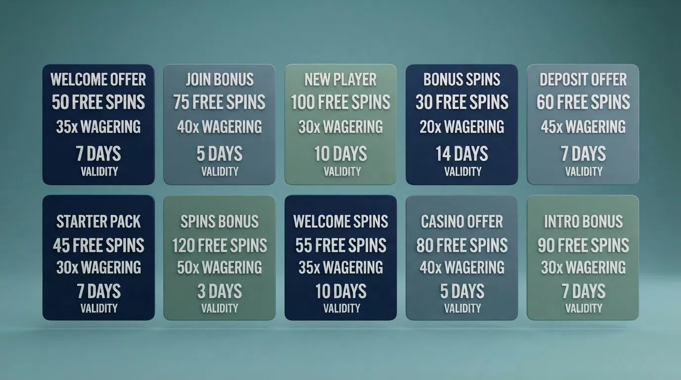 A side-by-side grid of ten UK-licensed online casino welcome-offer cards showing the free-spin count, wagering figure and validity window for each