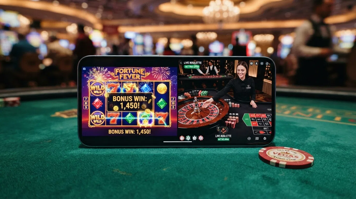 A split-frame view of an online slots reel grid on one side and a live-dealer roulette table with a human croupier on the other, both framed within a casino interface.