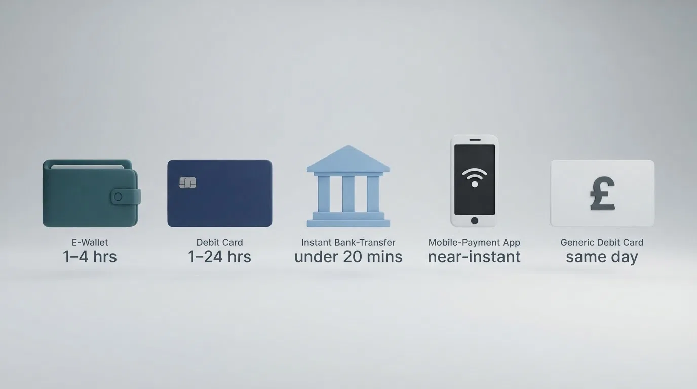 Five payment-method icons — PayPal, Visa, Trustly, Apple Pay and a debit card — lined up left to right with time-range labels underneath each