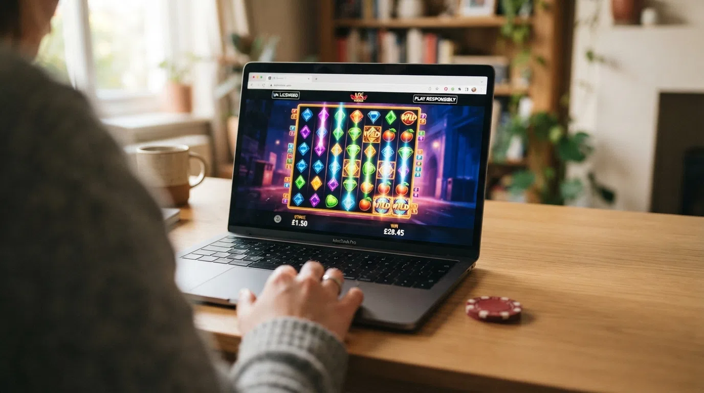 A row of UK-licensed online casino logos displayed alongside thumbnail previews of their most popular cascading slot games