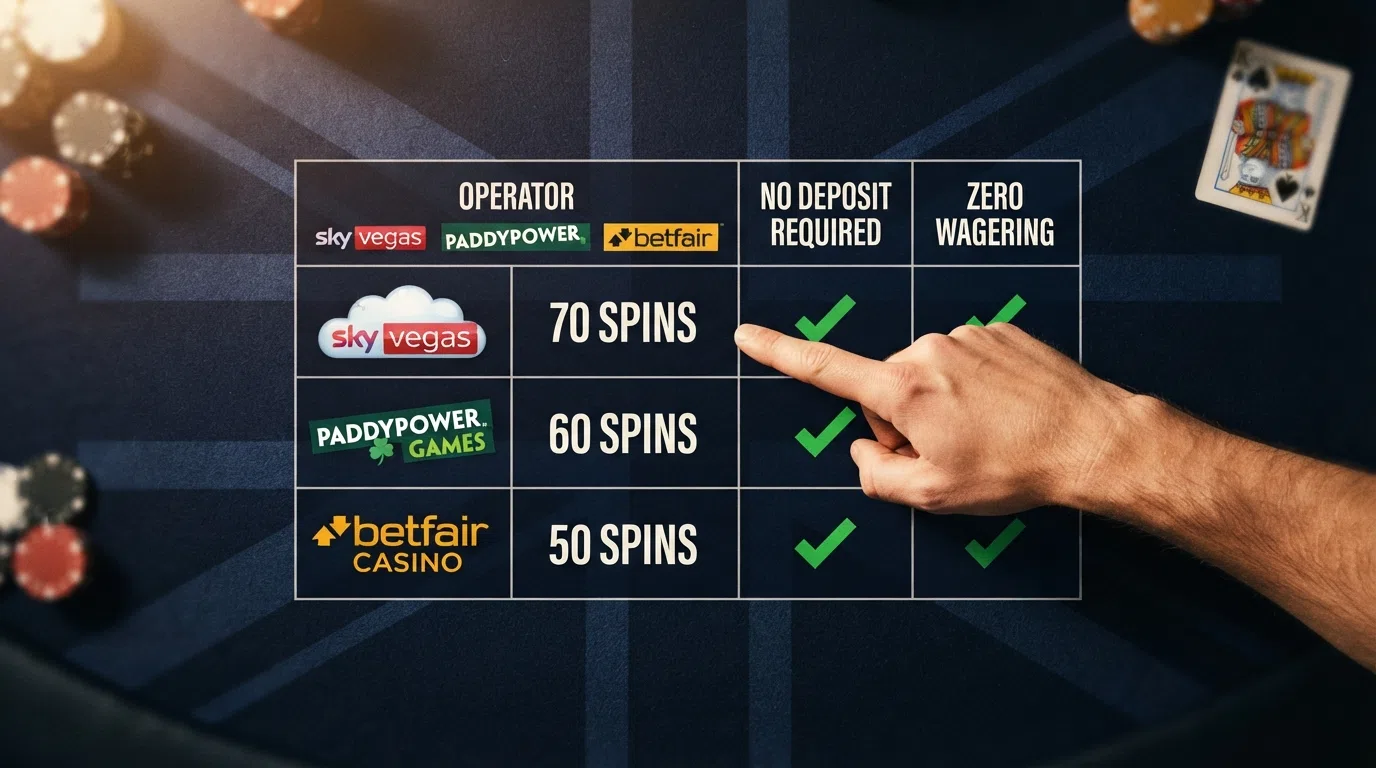 A comparison table laid out against a dark UK-flag-themed background with three operator rows — Sky Vegas (70 spins), Paddy Power Games (60 spins) and Betfair Casino (50 spins) — each showing green checkmarks in the No Deposit Required and Zero Wagering columns.