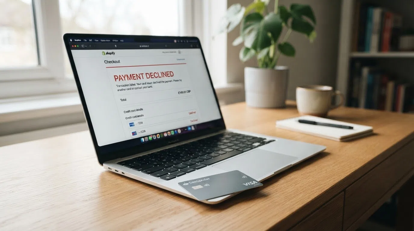 A payment screen rejecting a credit card, with a debit card beside it as the accepted option