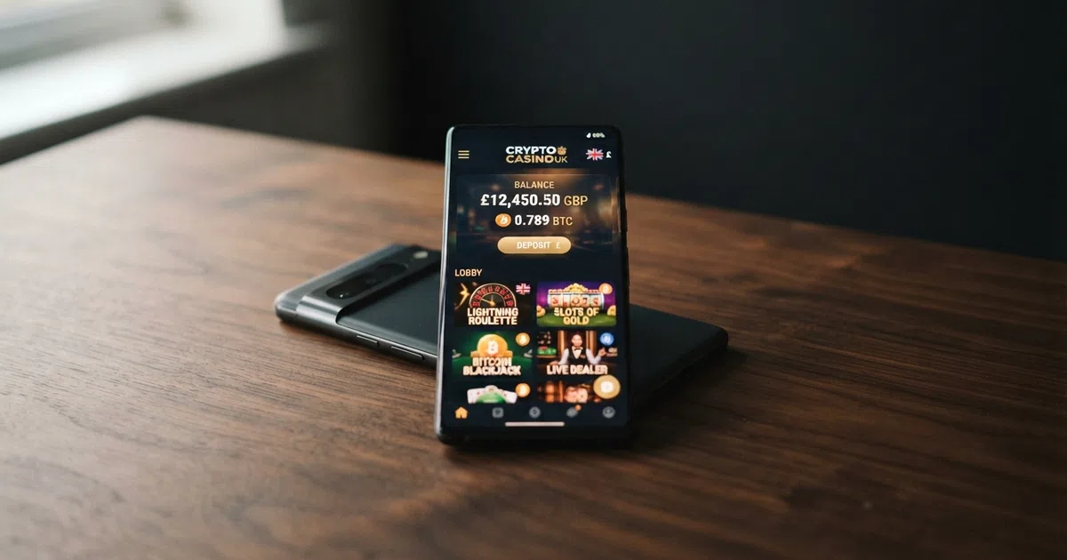 A smartphone showing a crypto casino game lobby with a Bitcoin deposit and balance shown on screen