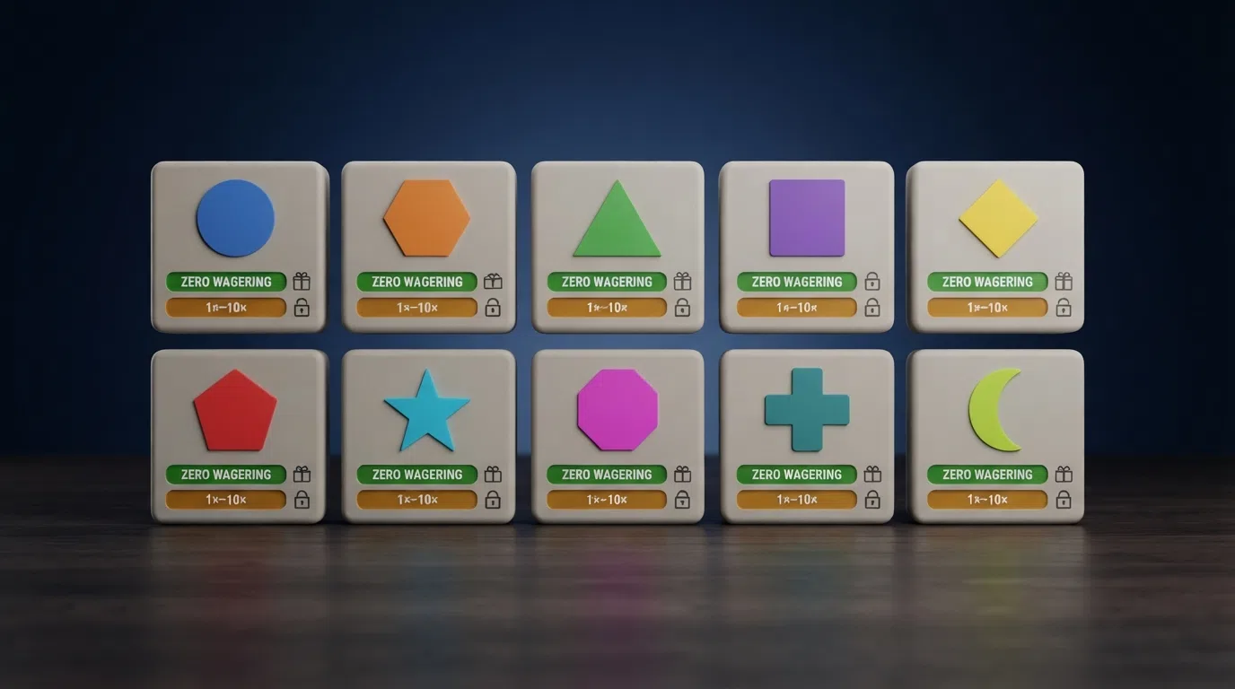A comparison grid displaying ten UK casino logos with colour-coded bars indicating wagering requirement (green for zero, amber for 1×–10×) and an icon for free-to-play vs deposit-gated daily mechanics