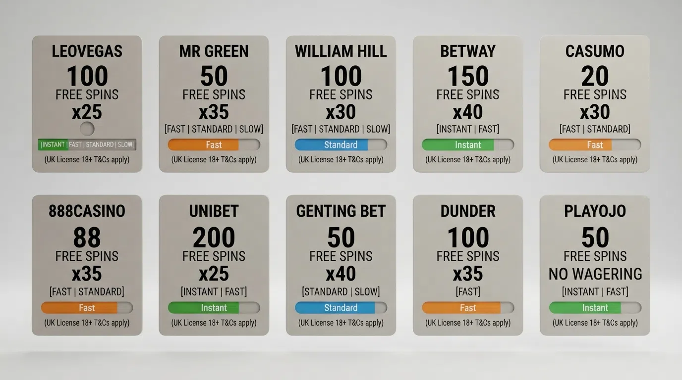 A side-by-side grid of casino welcome-offer terms displayed as cards, each showing the free-spin count, wagering multiplier and withdrawal-speed band