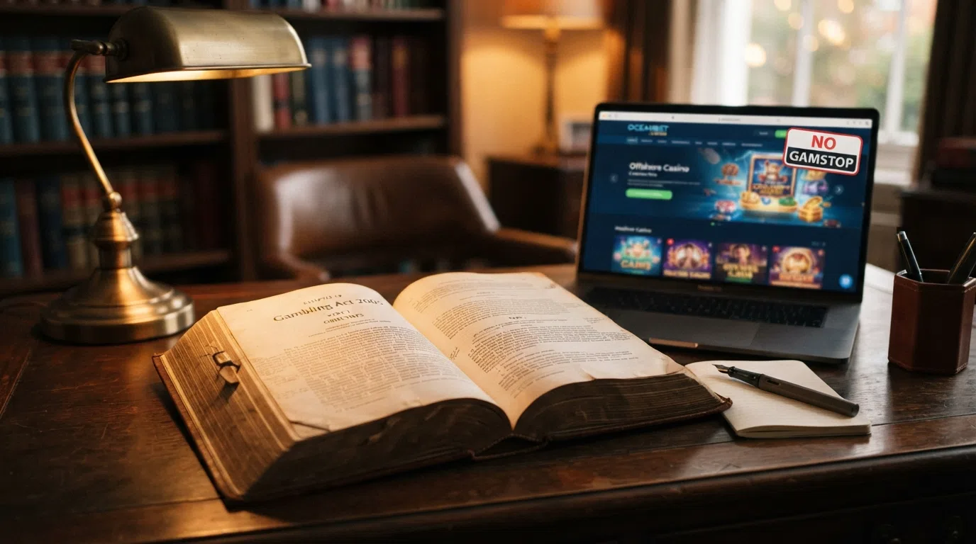 A close-up of the Gambling Act 2005 statute book open on a desk, with a laptop in the background showing a casino homepage and a red “no GamStop” warning badge