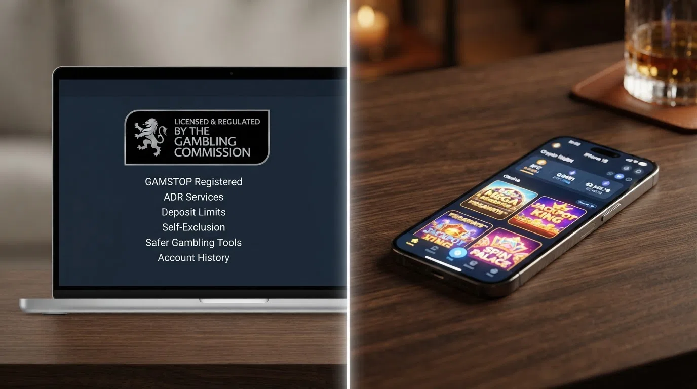 A split visual contrasting the UKGC licence badge and its listed protections (GAMSTOP, ADR, deposit limits) with a generic offshore casino interface lacking those markers