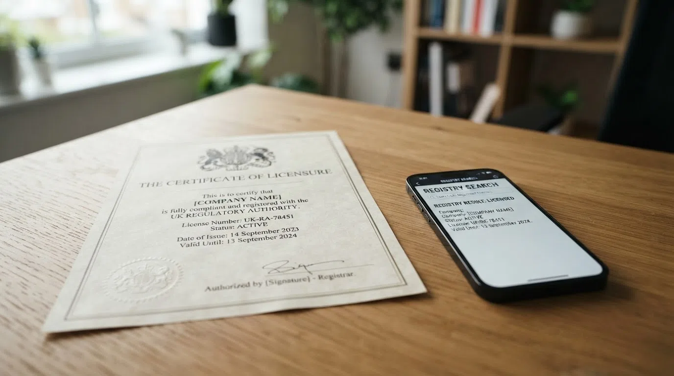 A close-up of a UK Gambling Commission licence certificate beside a smartphone showing the UKGC public register search bar, with a “Licensed” result on screen