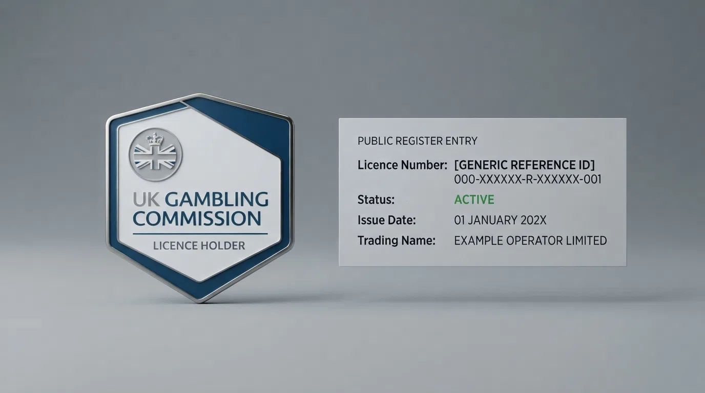 A Gambling Commission logo and a UKGC public-register search-result entry for a licensed operator, with the licence number and status visible