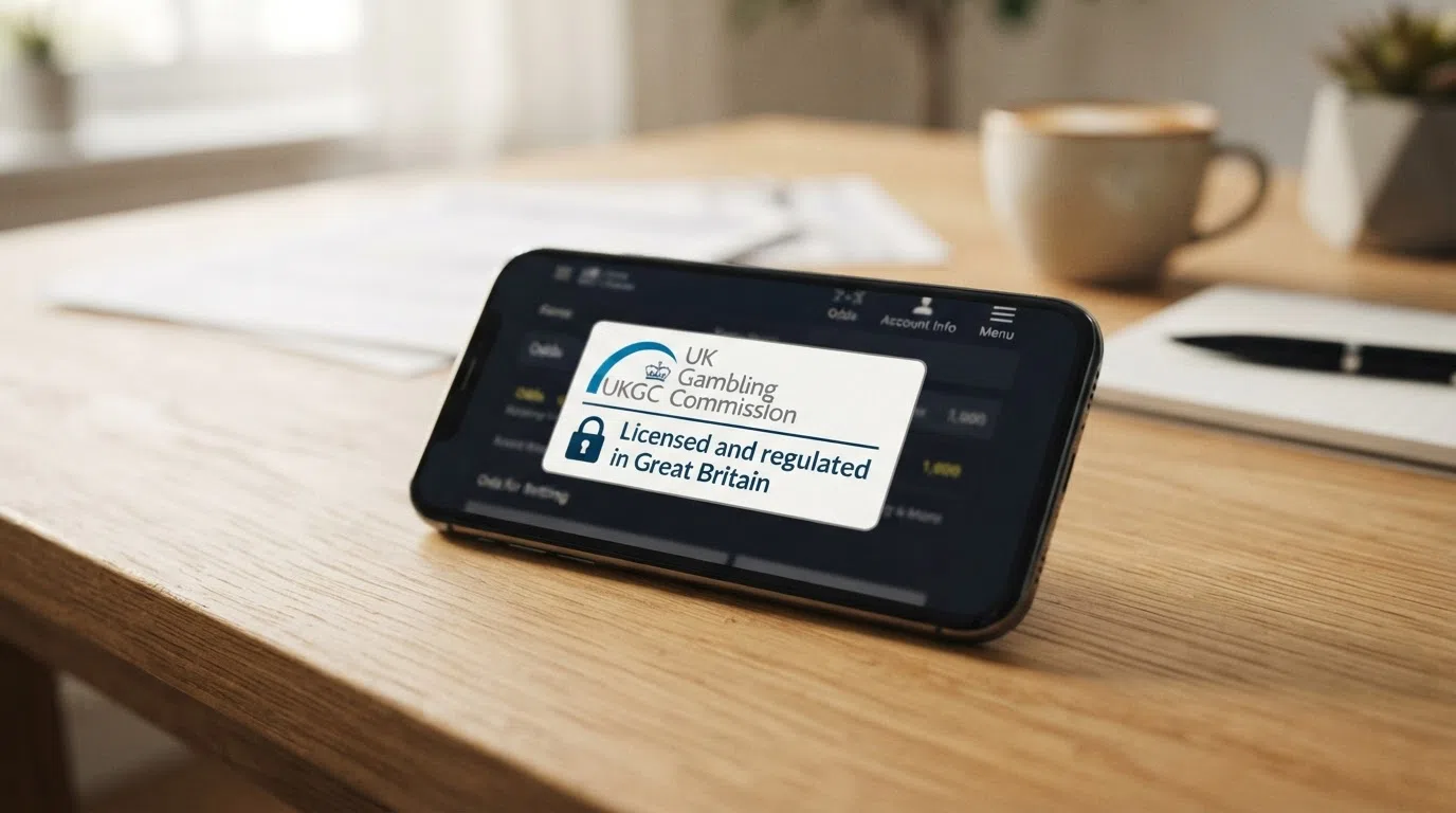 The UK Gambling Commission logo beside the words “Licensed and regulated in Great Britain” on a mobile screen, with a padlock symbol