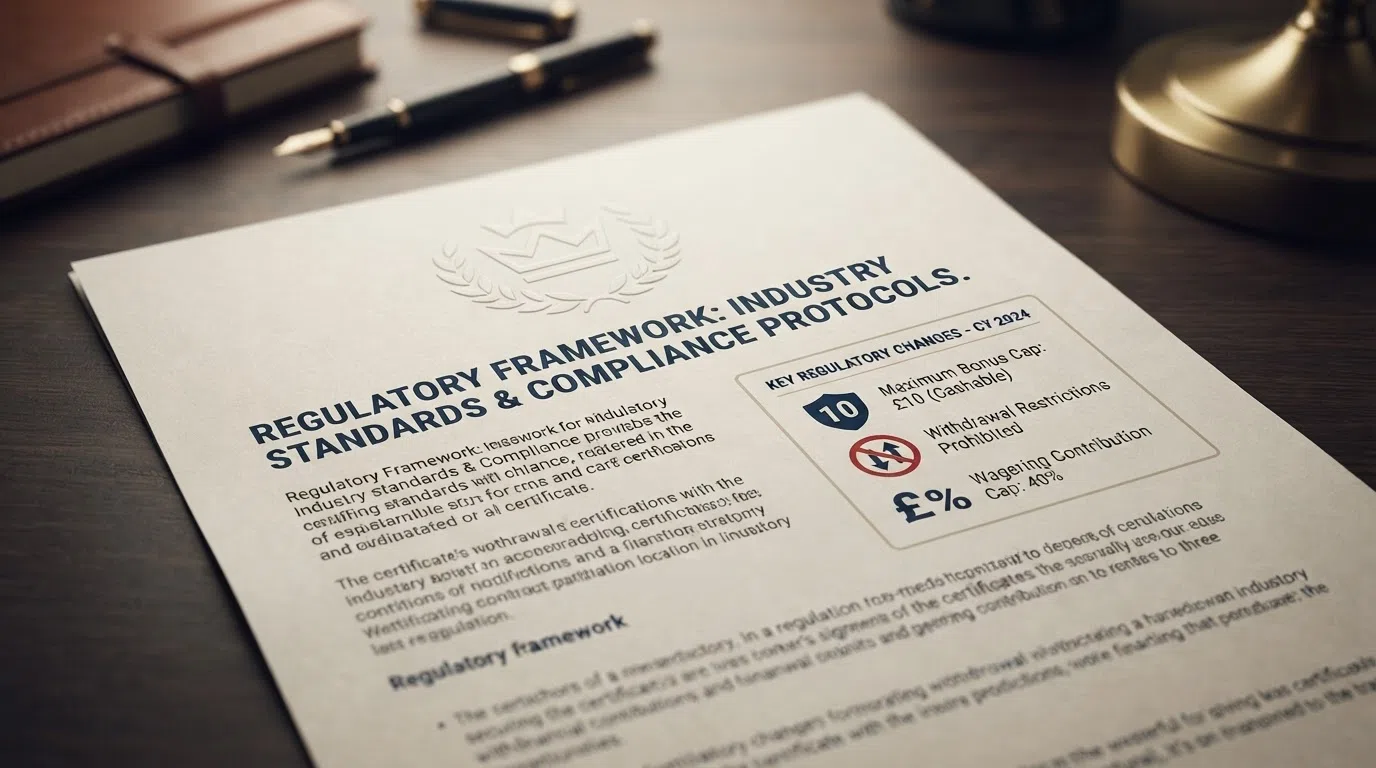 A close-up of a UK Gambling Commission licence certificate document header with the official UKGC crest, overlaid with simplified icons representing the three 2026 regulatory changes: a number 10 inside a shield, a split-arrow prohibition symbol, and a percentage sign at 40%