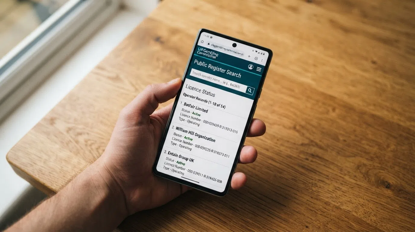 A close-up of a smartphone screen displaying the Gambling Commission public register search interface, with a licence record partially visible.