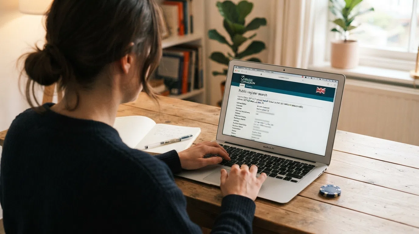 The UK Gambling Commission public-register search page with a business-record entry visible