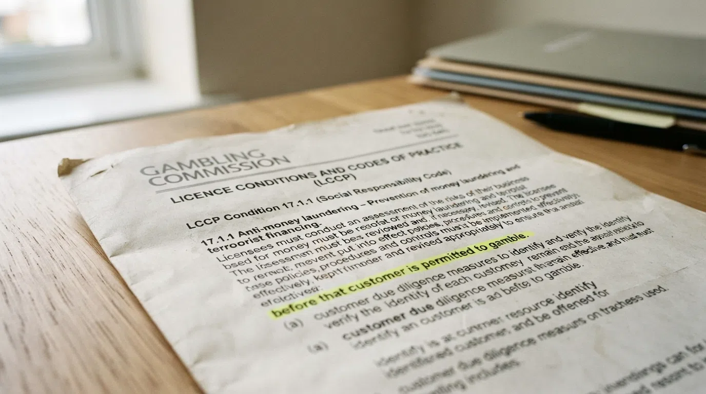 A close-up of a regulatory document or screen showing the text of LCCP Condition 17.1.1, with the phrase “before that customer is permitted to gamble” underlined