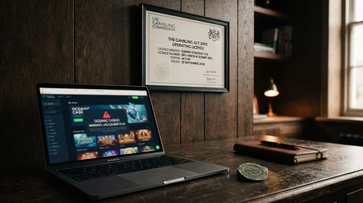 A UK Gambling Commission licence certificate with official seal on a desk, beside a laptop displaying a casino lobby — the screen shows a warning icon over an offshore casino listing