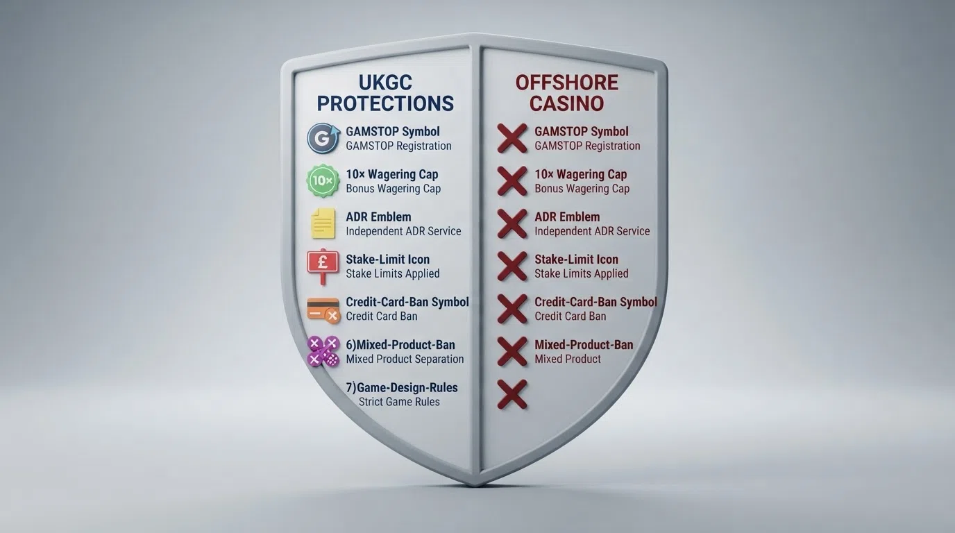 A visual checklist comparing UKGC-licensed protections (GAMSTOP shield, 10× wagering cap badge, ADR logo, stake-limit icon, credit-card-ban symbol) against an offshore column where every protection is marked absent with a red cross