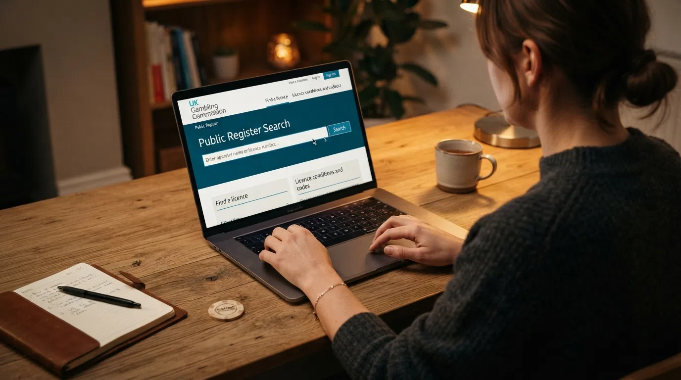 A close-up of the UKGC public-register search bar on a laptop screen, the cursor hovering over the search button, with the Gambling Commission logo visible at the top of the page