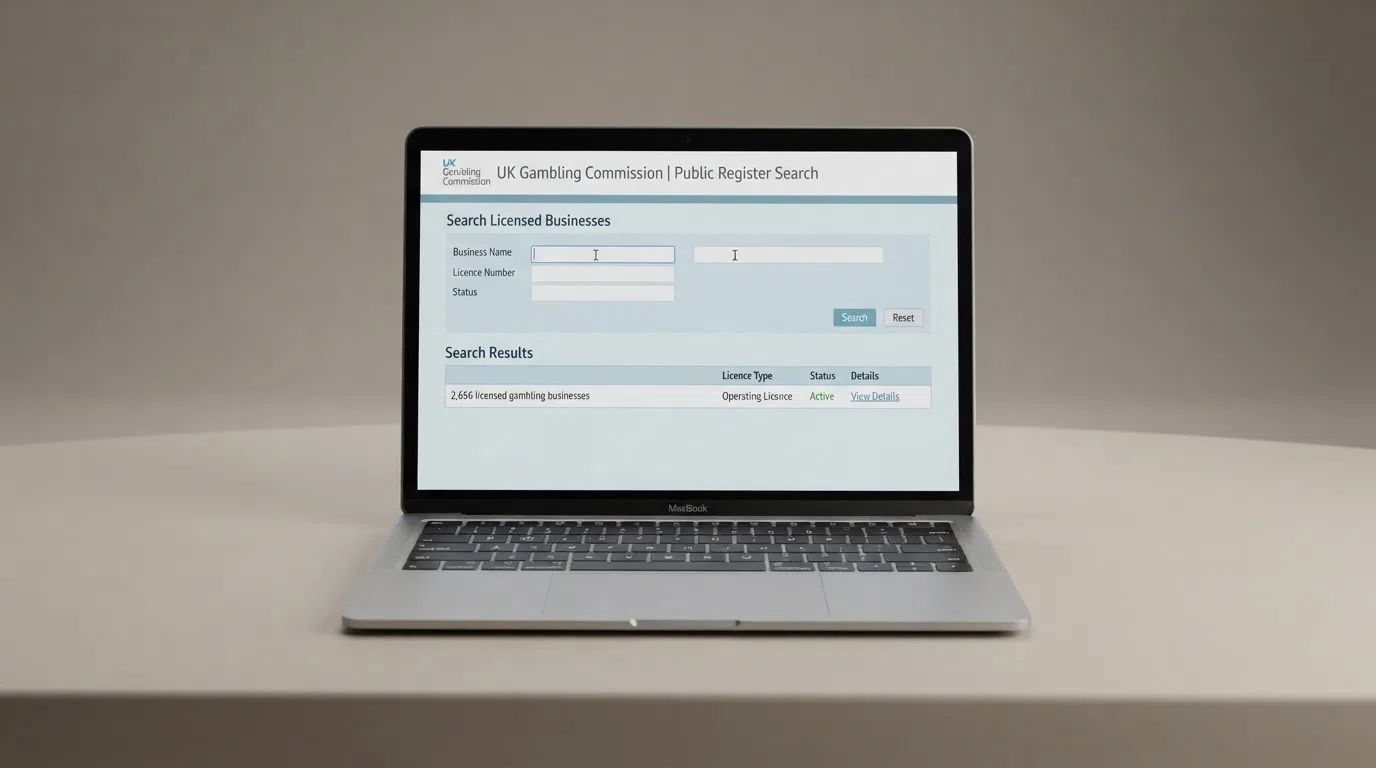 The UK Gambling Commission online public register search page showing the licence-check interface