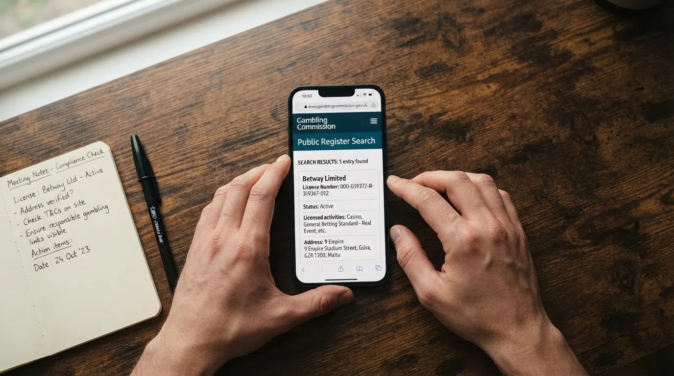A close-up of a smartphone screen showing the Gambling Commission public register search interface with an operator licence entry displayed