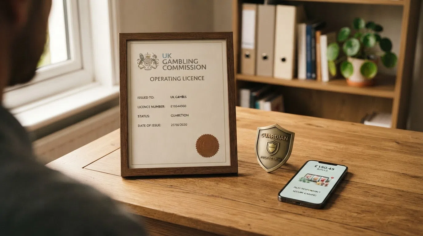 A UK Gambling Commission logo or certificate-style visual beside icons representing player protections — a shield, a clock and a limit gauge