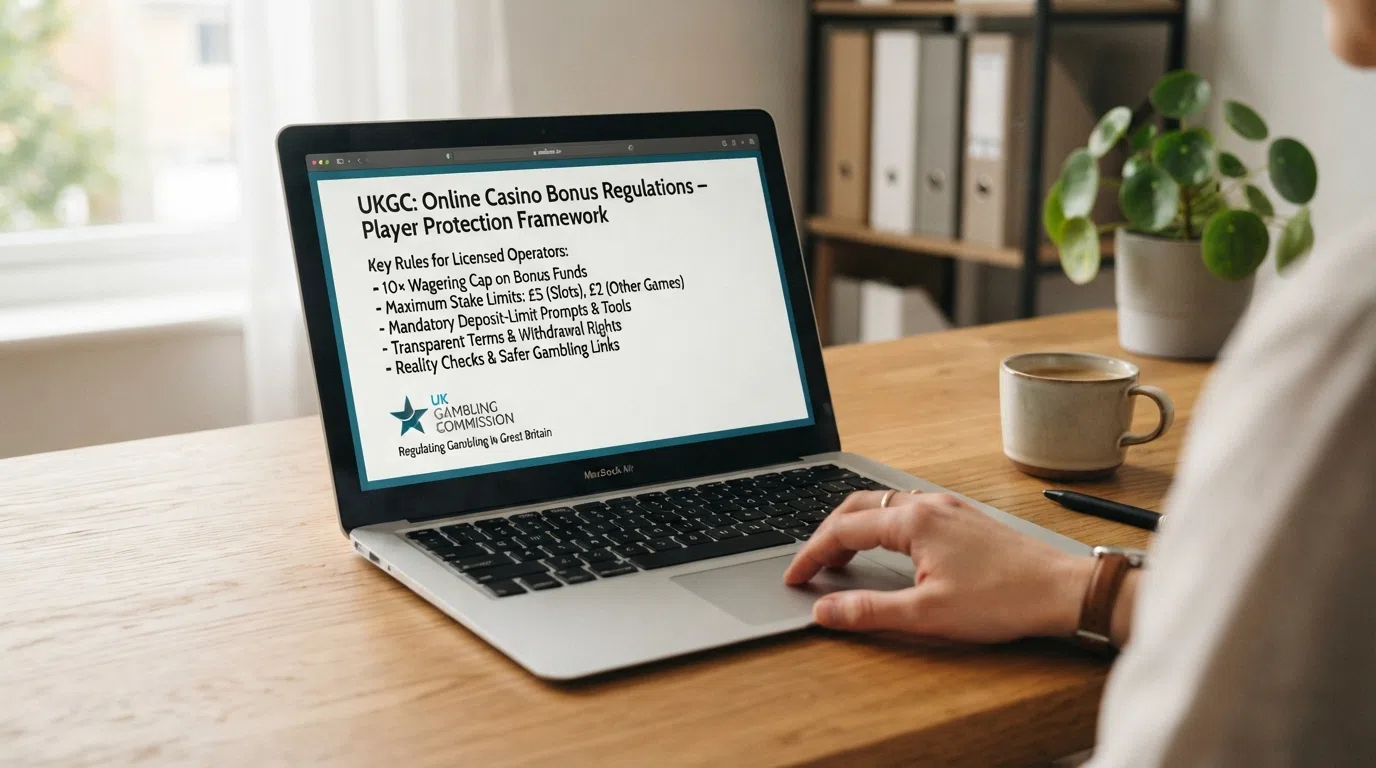 The UK Gambling Commission logo alongside a summary of key player-protection rules: 10× wagering cap, £5/£2 stake limits and mandatory deposit-limit prompts
