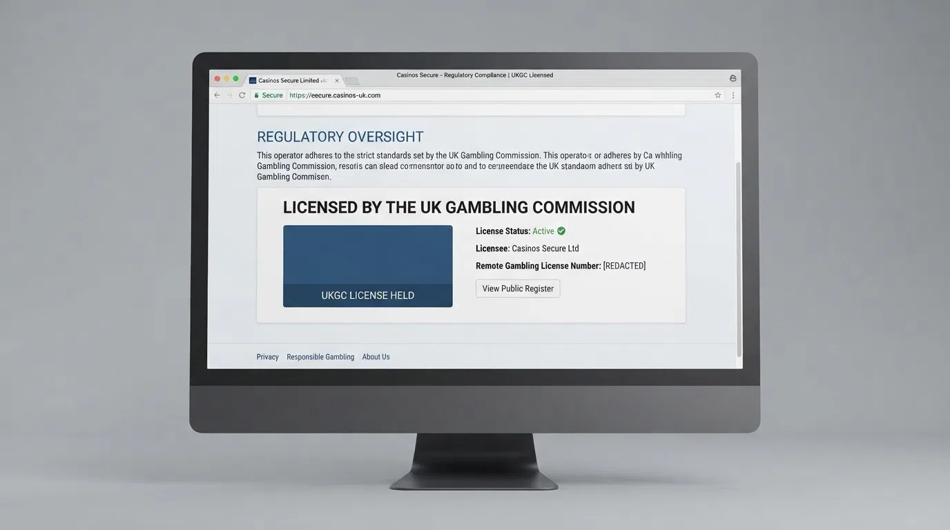 The UK Gambling Commission logo and licence-number footer displayed at the bottom of a casino homepage, with a padlock icon visible in the browser address bar