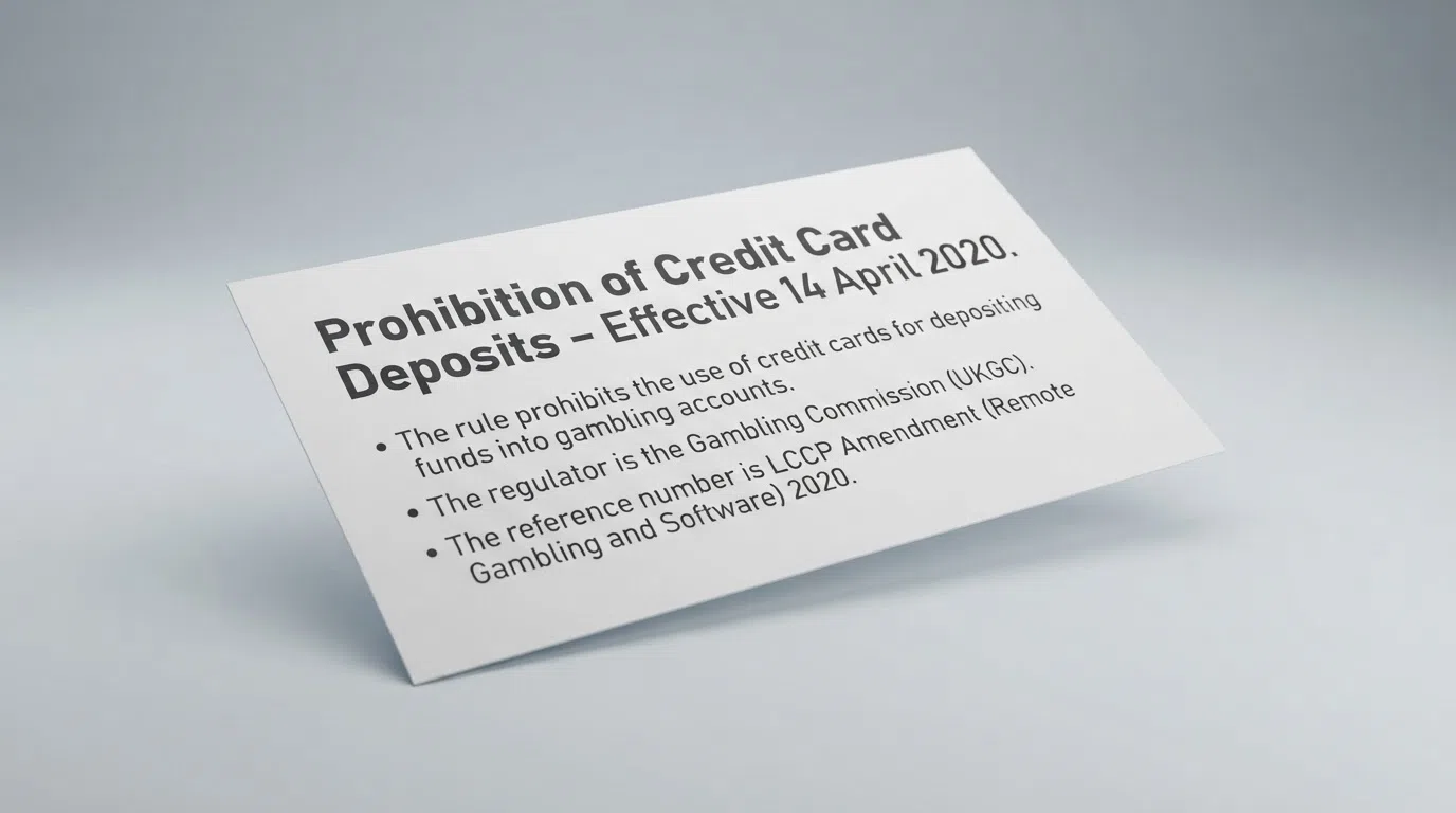 An official-looking document or screen showing the UK credit card gambling prohibition effective April 2020