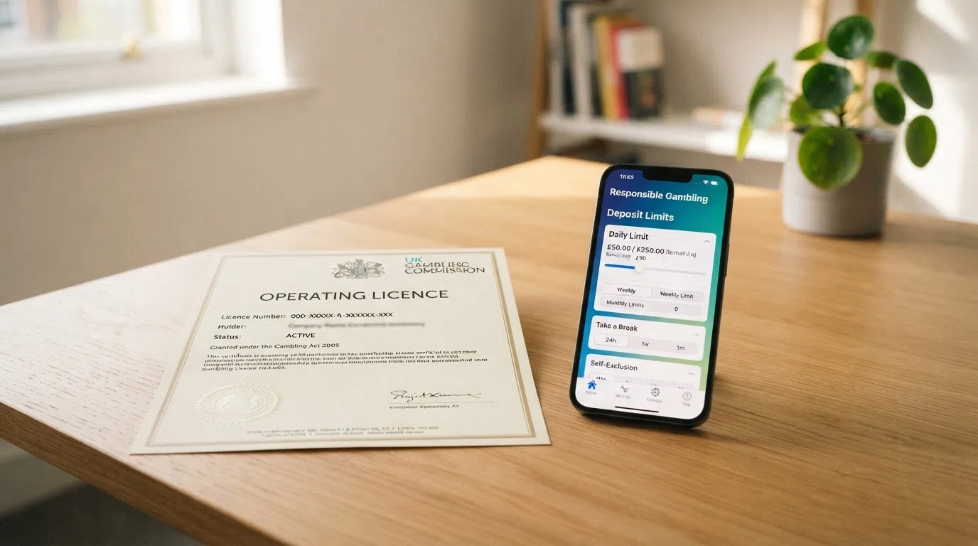A UK Gambling Commission operating licence certificate alongside a smartphone screen displaying responsible-gambling tools and deposit-limit settings