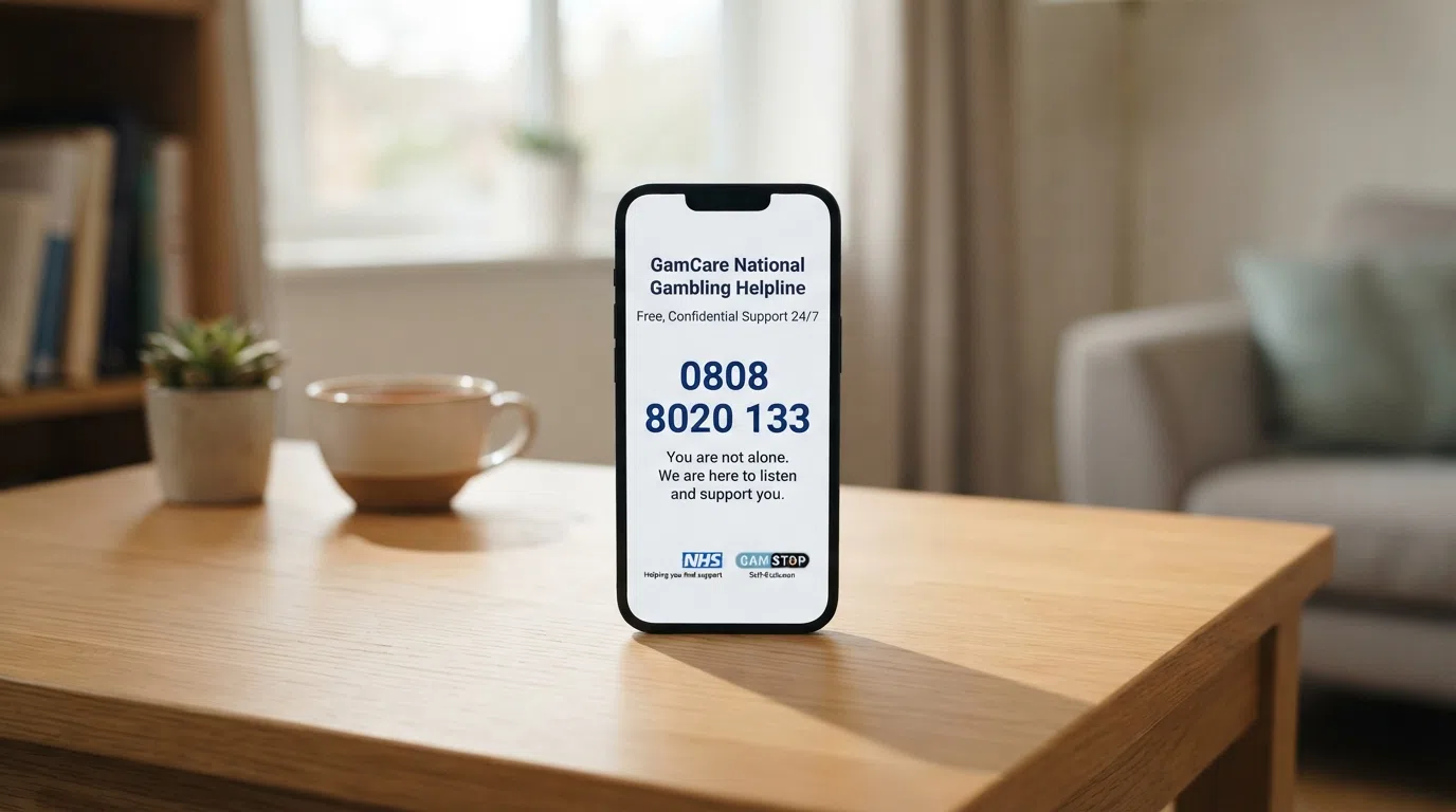 The GamCare National Gambling Helpline number 0808 8020 133 displayed prominently on a calm background with the NHS logo and a GAMSTOP banner