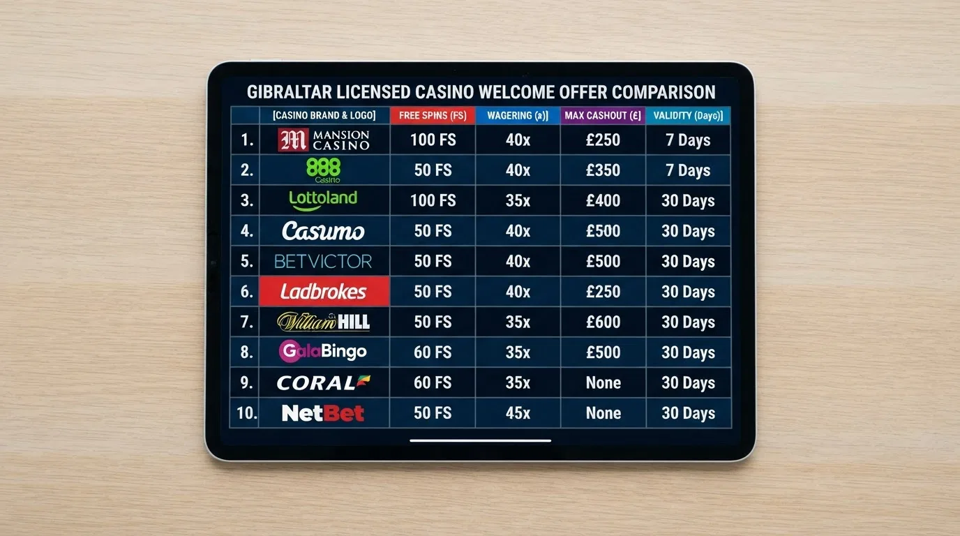 A visual comparison grid showing the key welcome-offer terms — free-spin counts, wagering requirements, cashout caps and validity windows — across the ten featured Gibraltar-licensed casino brands