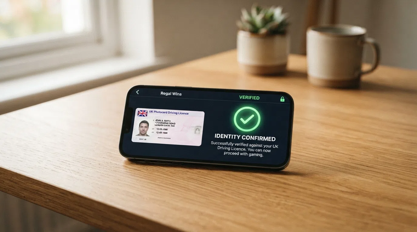 A smartphone screen displaying a UK driving licence beside a casino verification screen with a green “verified” checkmark and the UKGC logo visible on the page.