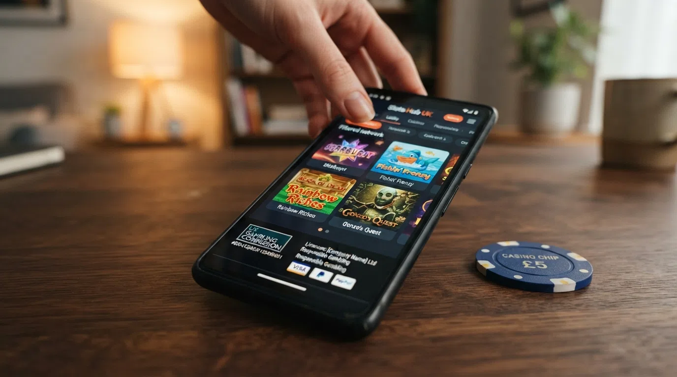 A smartphone screen showing a UKGC-licensed casino lobby with Jackpot King slots filtered and displayed, the padlock icon and licence number visible in the footer