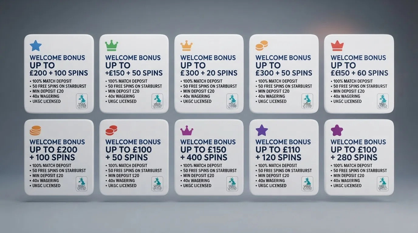 A side-by-side grid of UK casino welcome-offer cards showing match percentages, free-spin counts and UKGC licence badges