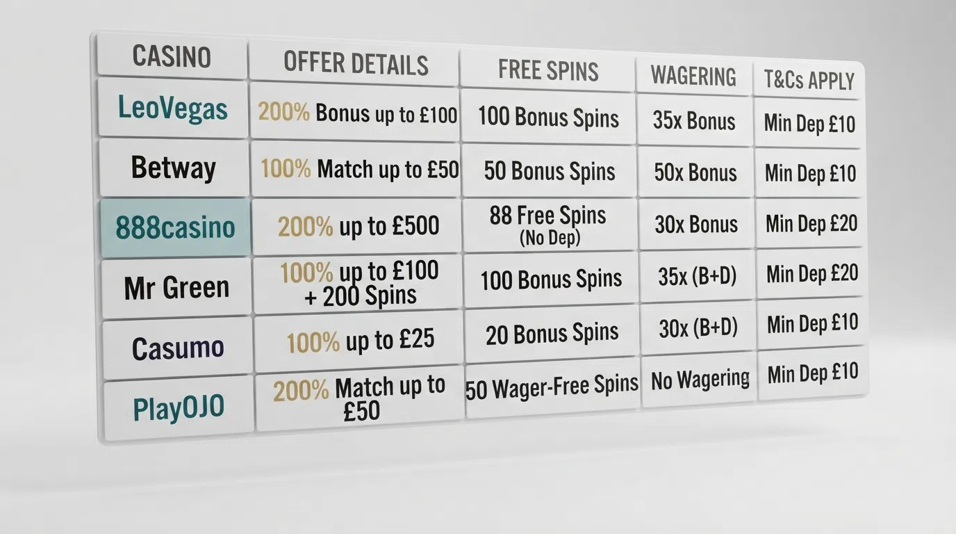 A side-by-side comparison grid of UK casino welcome offers showing match percentages, free-spins counts and wagering requirements for multiple operators