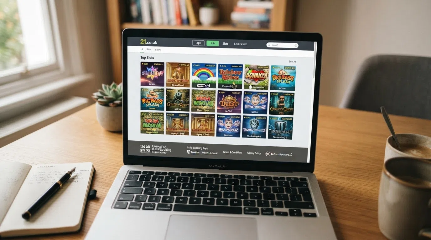 a casino game lobby screen displaying a grid of slot thumbnails including Sweet Bonanza and Gates of Olympus, with a UK Gambling Commission licence badge and registration number visible in the website footer