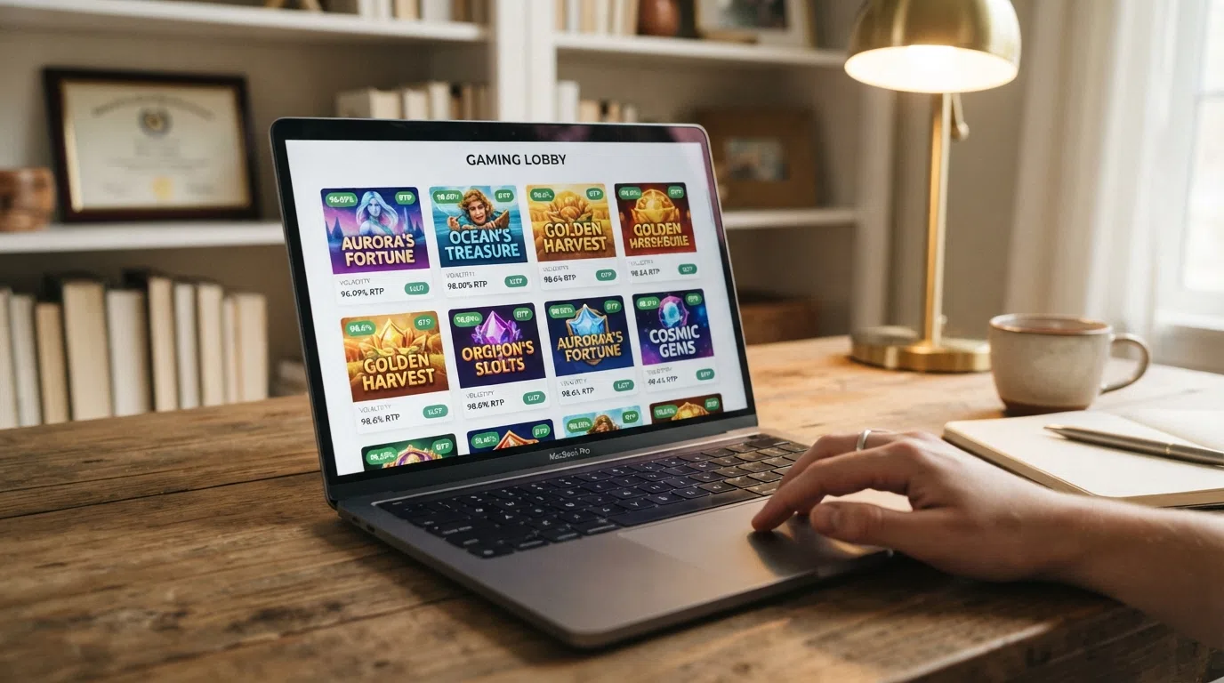 A screenshot of a UK online casino lobby with NetEnt and Thunderkick game thumbnails visible, the UKGC licence number visible in the site footer