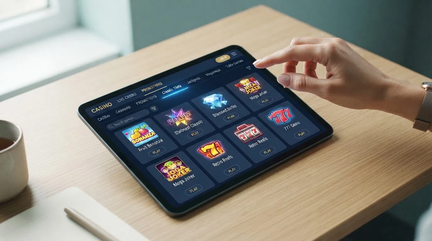 A desktop or mobile casino lobby screen showing a grid of slot thumbnails, with a search bar and category tabs for Classic Slots and Jackpots visible