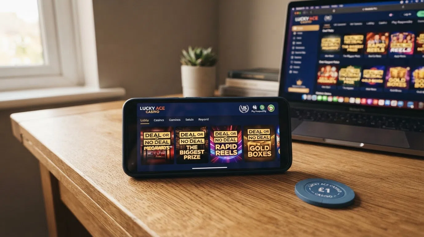 A side-by-side preview of UK-licensed online casino lobby screens or homepages displaying Deal or No Deal game thumbnails