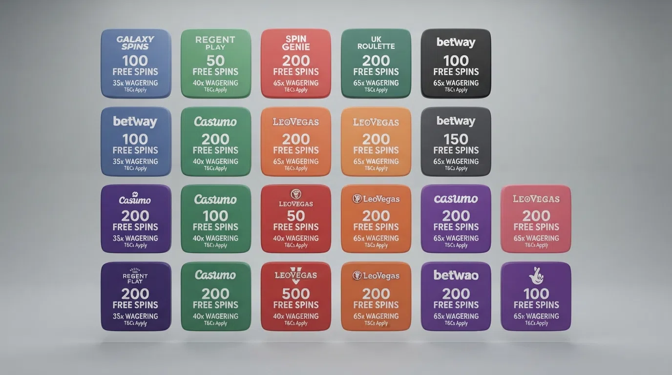 A grid of UK-licensed casino operator logos arranged in ranked order beside their free spins counts and wagering terms