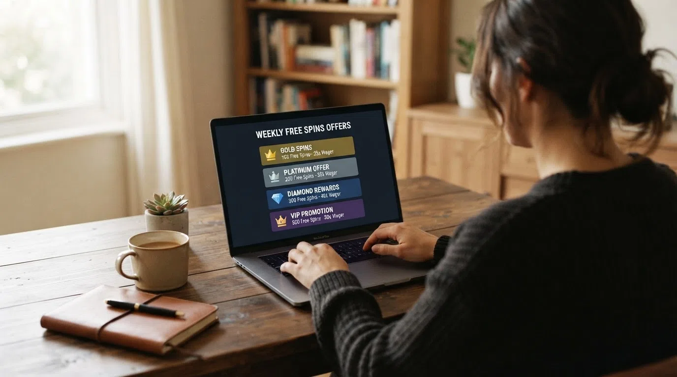 A comparison table of ten casino names with licence and wagering columns open on a laptop.