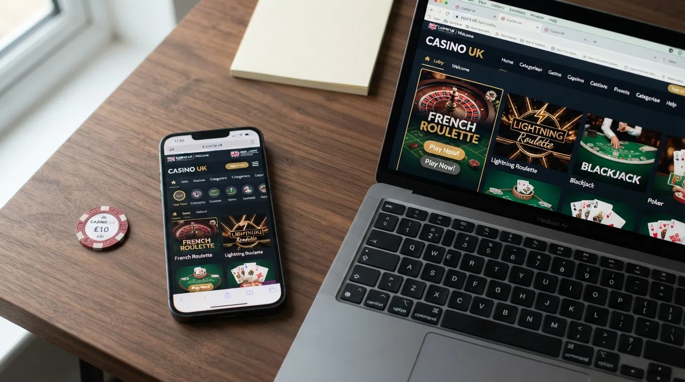 A desktop and mobile screen showing a UK-licensed online casino lobby with French Roulette thumbnails visible among the table games
