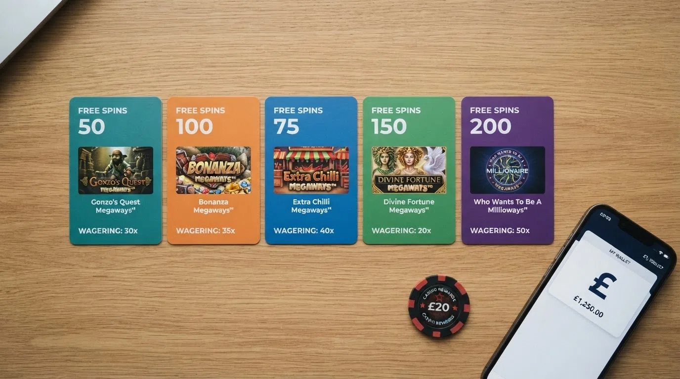 A comparison view of UK-licensed casino welcome-offer cards arranged side by side, each showing the free-spins count, wagering multiple and a Megaways slot thumbnail