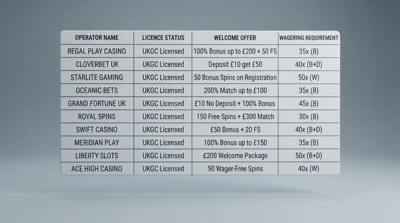 A comparison table of online casino welcome offers with ten rows of casino names
