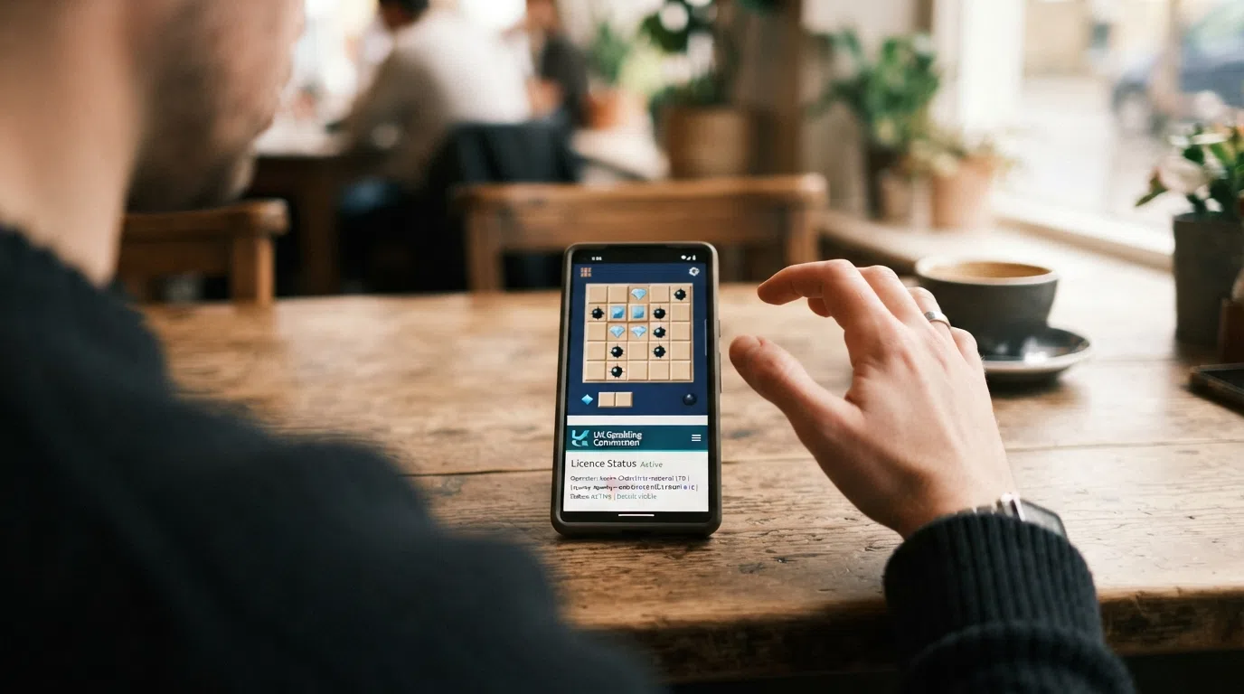 A smartphone displaying a Mines game grid beside a UK Gambling Commission licence verification screen