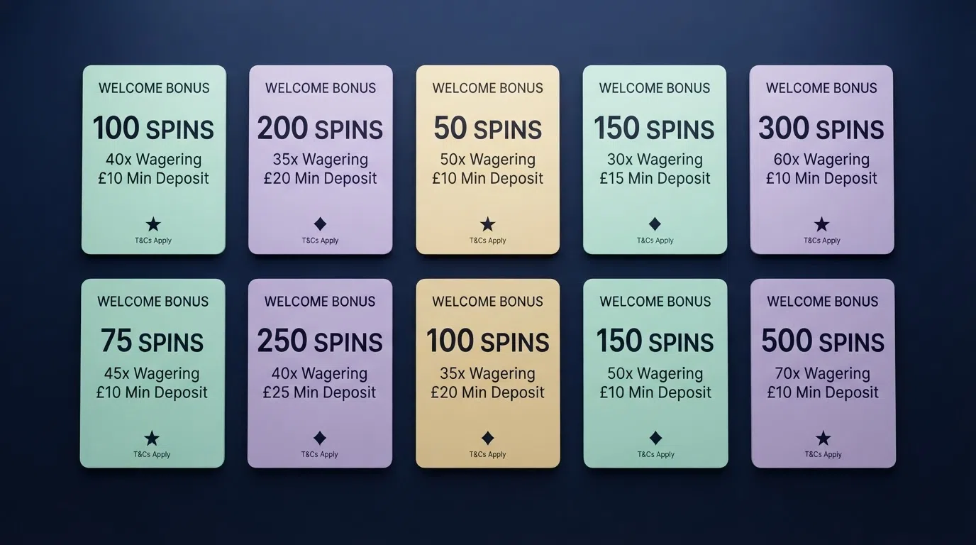 A grid of UK casino welcome-bonus cards showing free-spin counts, wagering multipliers and minimum-deposit figures side by side