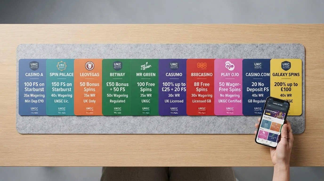 A clean side-by-side layout of casino welcome-offer cards showing free-spin counts wagering multipliers and licence badges for the featured ten operators