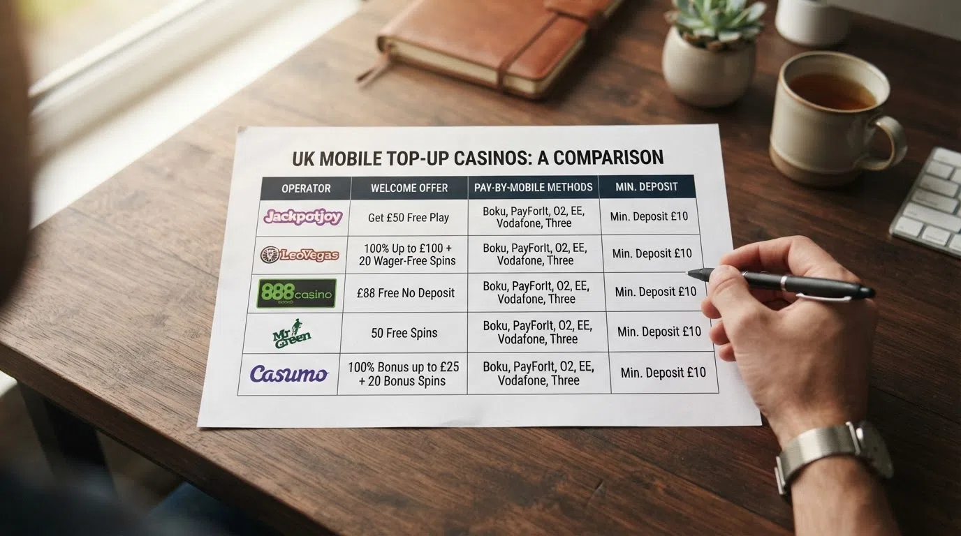 A side-by-side comparison table of UK mobile top-up casinos showing operator names, welcome offers, pay-by-mobile methods, and minimum deposits