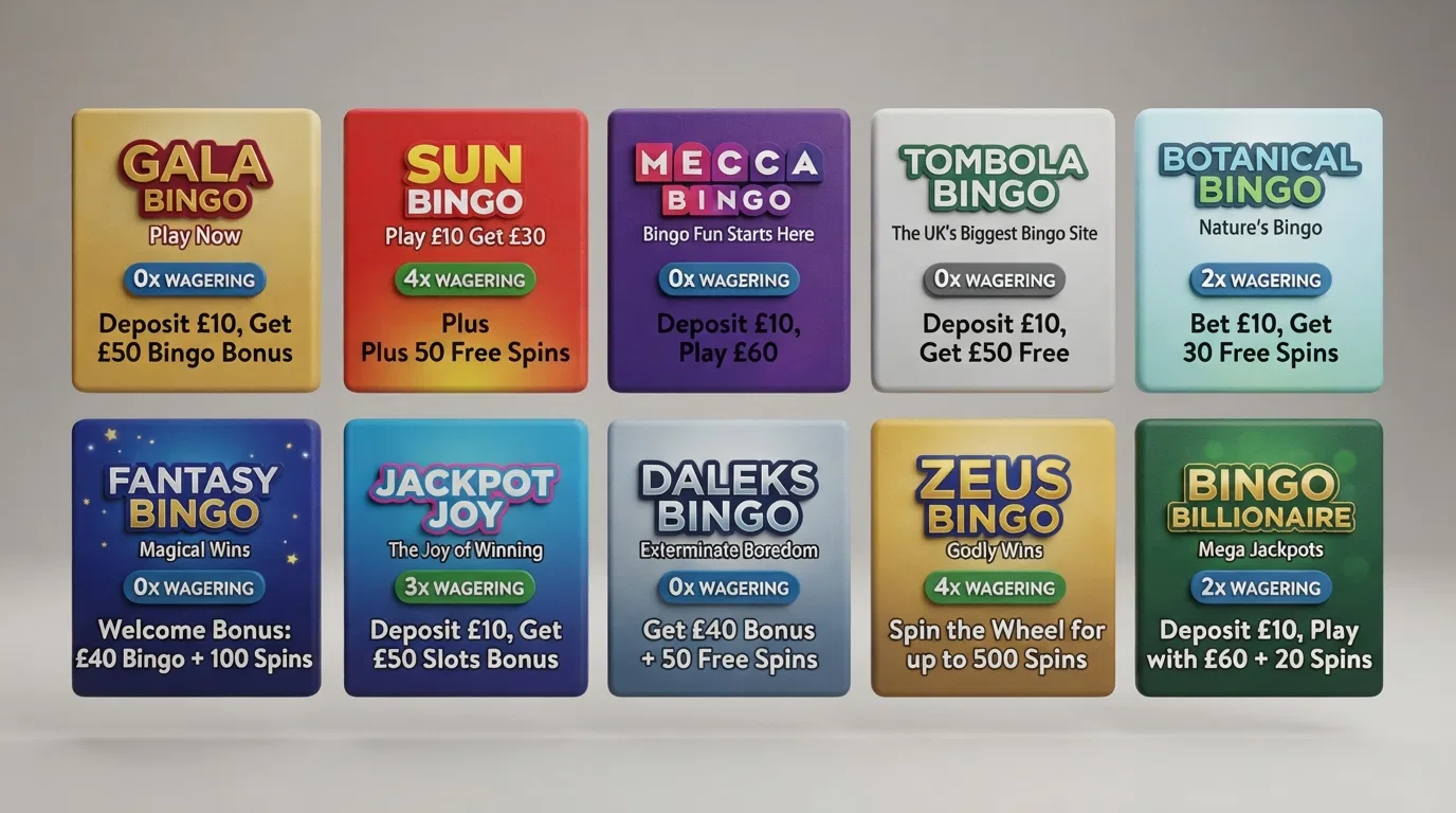 A clean comparison-grid layout with bingo-brand logo tiles arranged in two rows of five, each tile showing a wagering badge (0×, 0×, 2×) and a free-spin count beneath.
