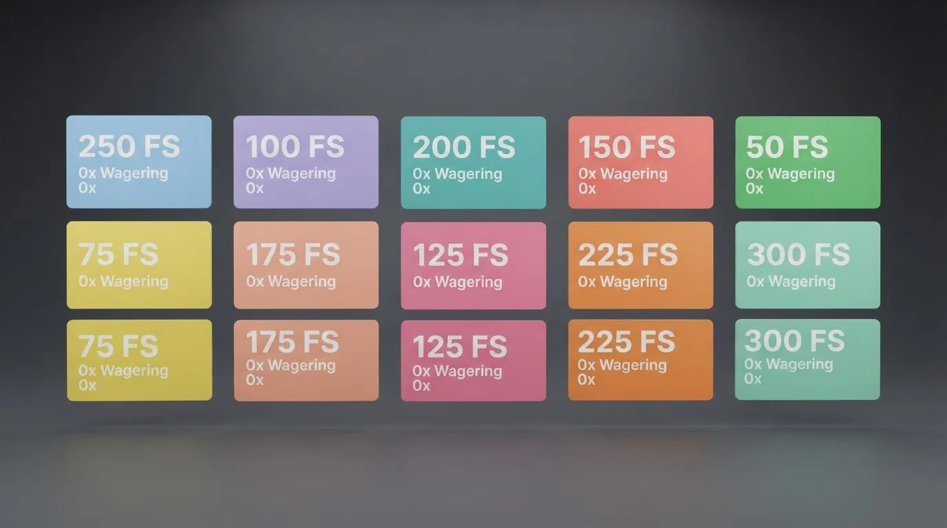 A grid of UK-licensed online casino logo cards arranged in a comparison layout, each showing a free-spin count and a zero-wagering marker